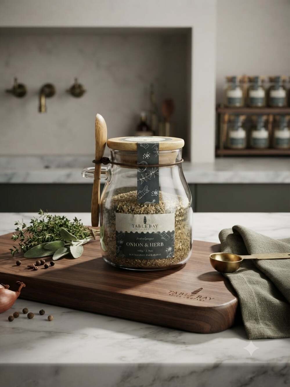 Table Bay Spice Company Onion & Herb Seasoning in Glass Jar with Wooden Spoon